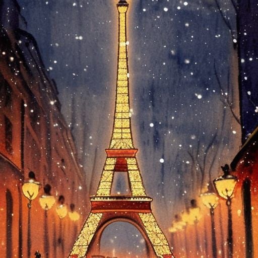 Eiffel Tower in Snowy Paris: Watercolor Painting