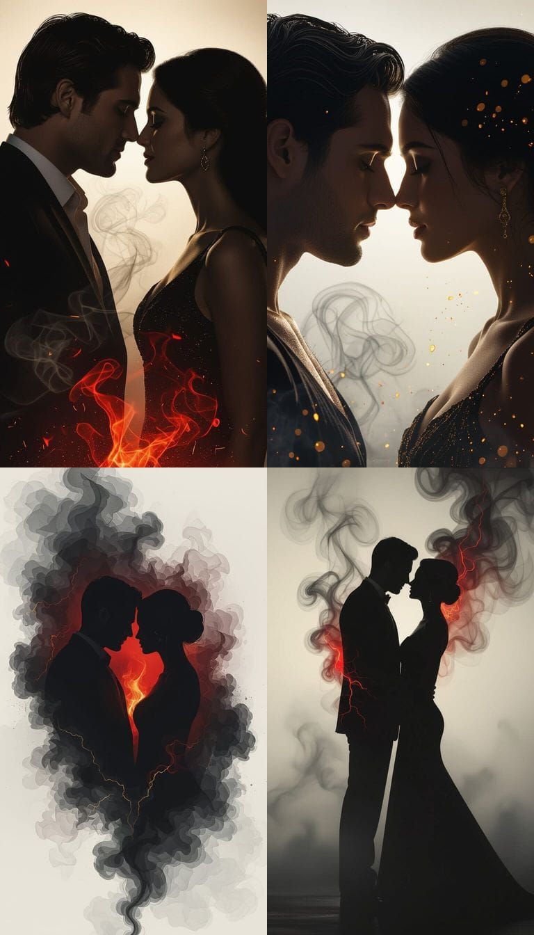 Couple Silhouette in Crimson and Gold Amidst Smoky Grays