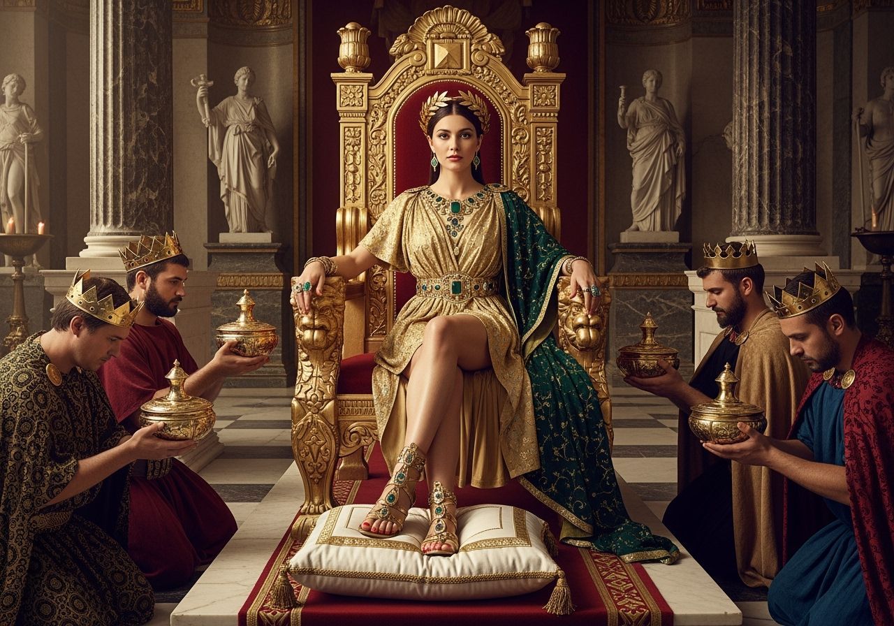 Regal Roman Empress on Gold Throne in Opulent Palace