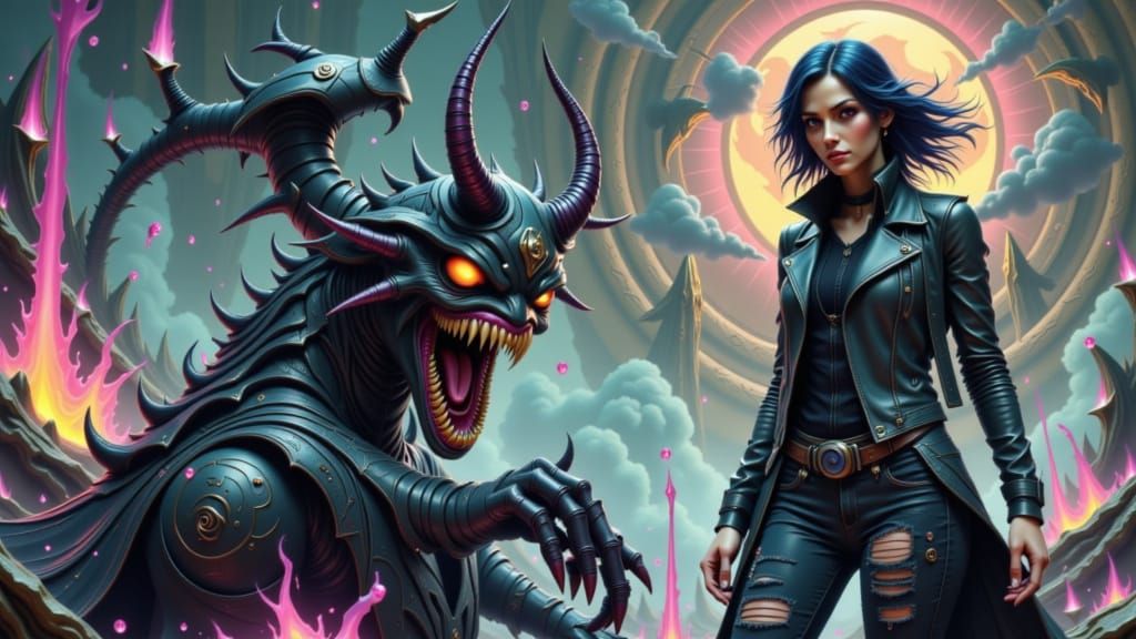 Powerful Woman in Dystopian Neon Landscape