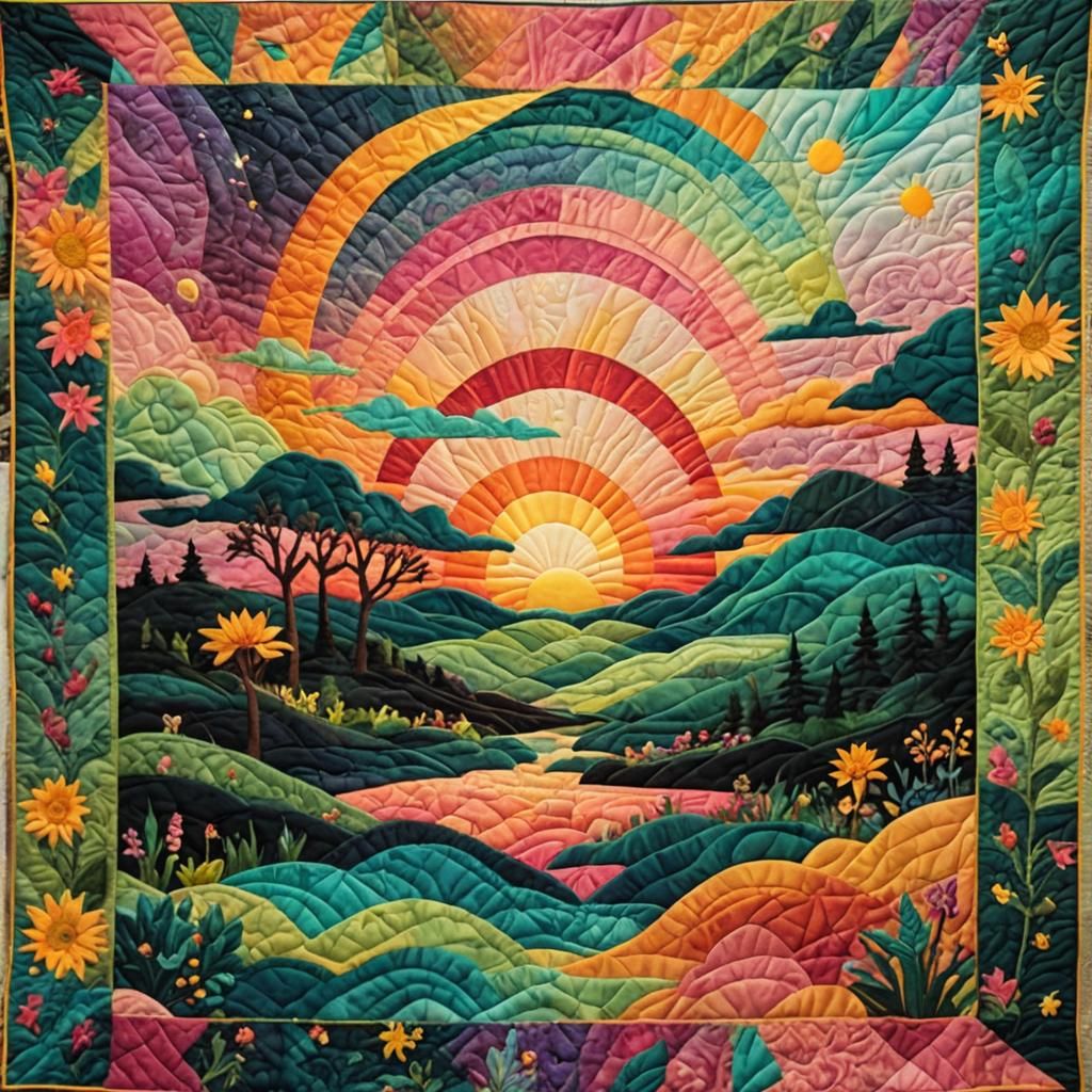 Detailed Quilt Art: Sunset in Teal and Pink