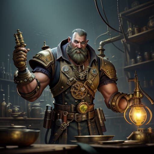 Steampunk Troll Tinkering in Workshop Concept Art