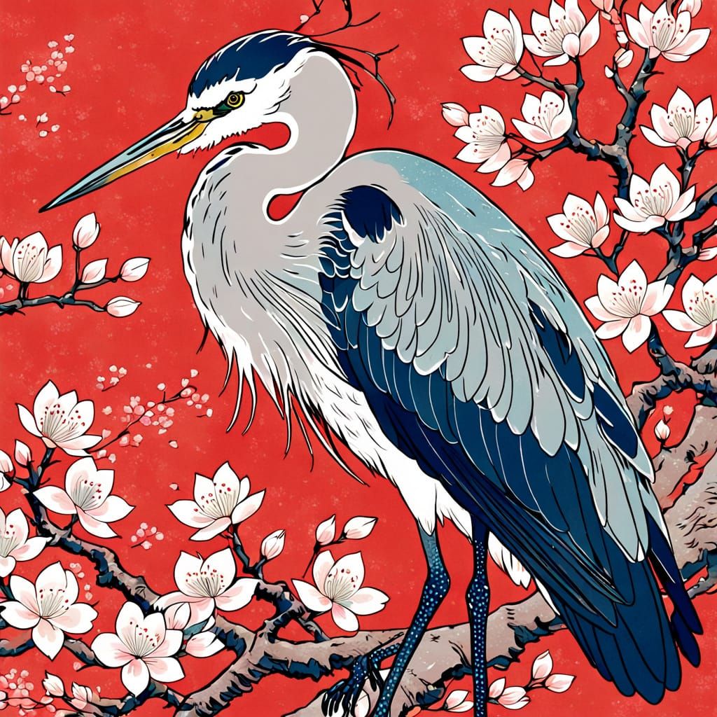 Heron Stands in Blossoms: Ukiyo-e Woodblock Print