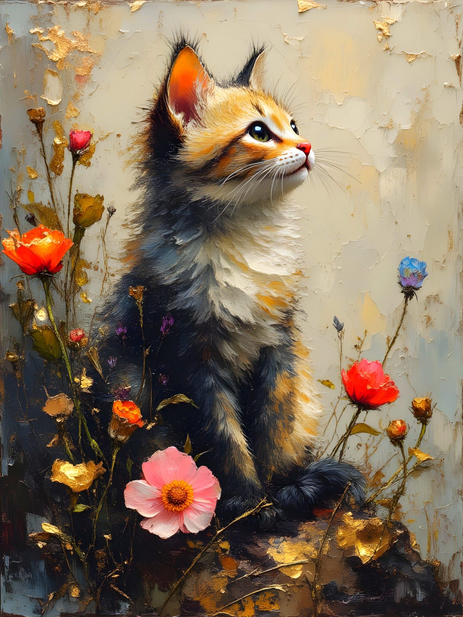 Surreal Impasto Portrait of a Regal Cat with Flowers