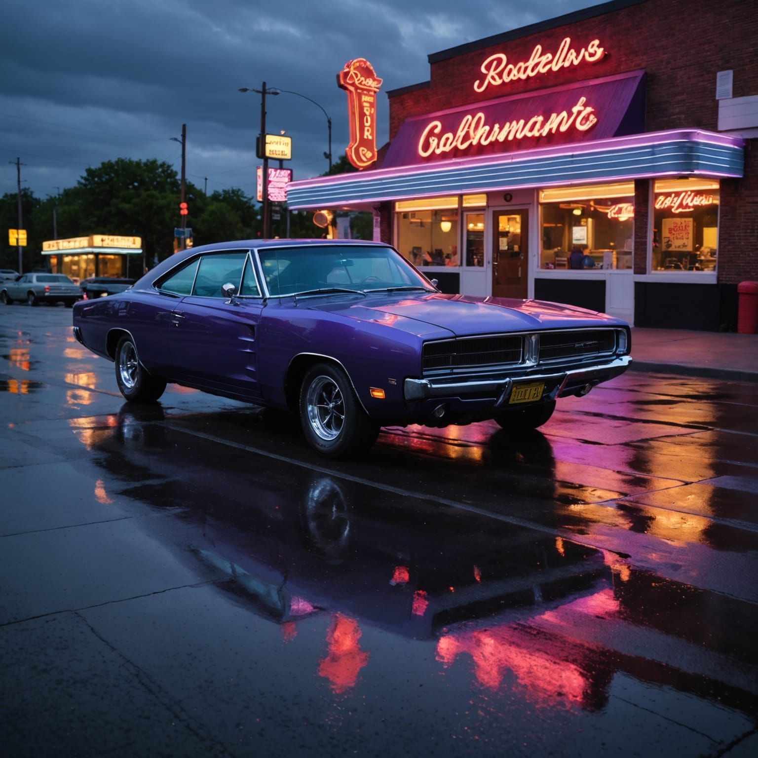 Purple 1969 Dodge Charger at Retro Diner