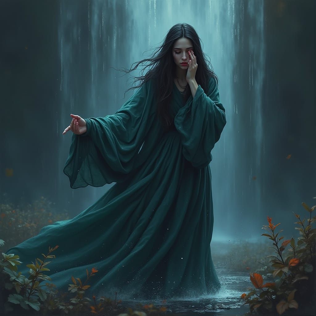 Very sad lady crying a waterfall of tears.