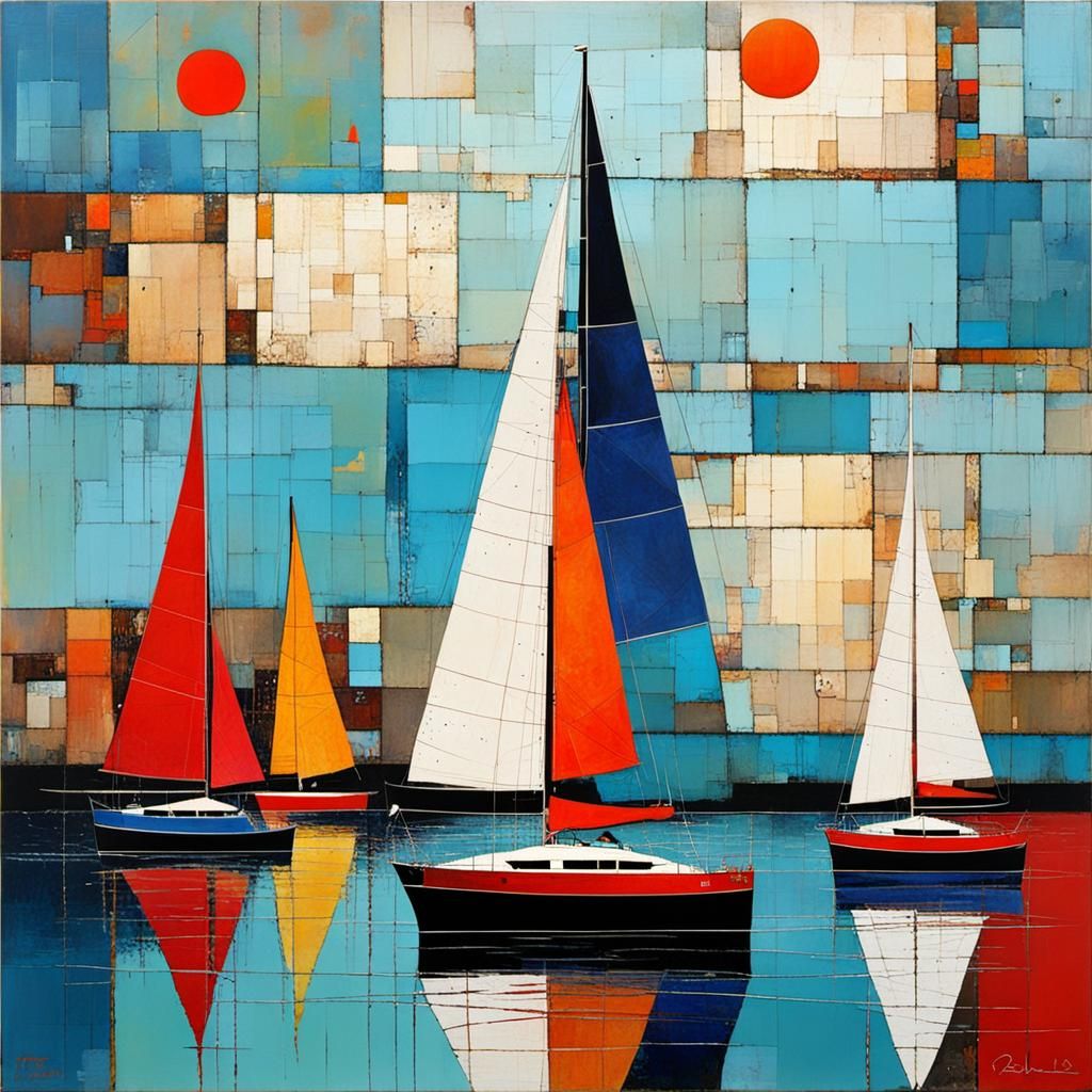 Abstract Sailboats Painting in Complementary Colors