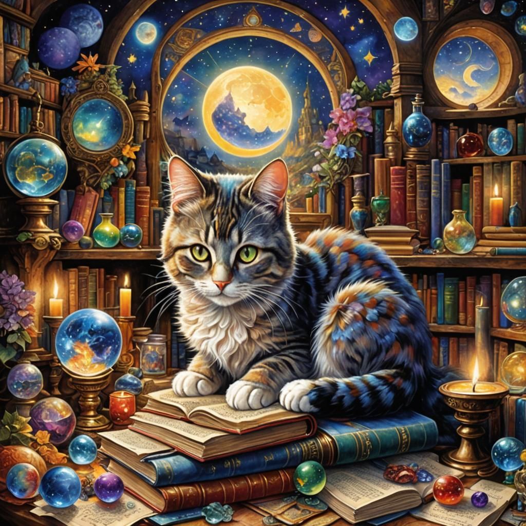 Celestial Cat in Sorcerer's Study: Digital Matte Painting