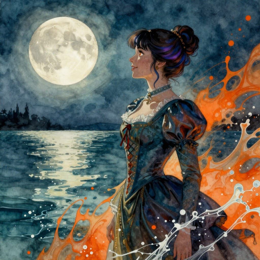 Victorian Woman Gazes at Full Moon in Watercolor Style