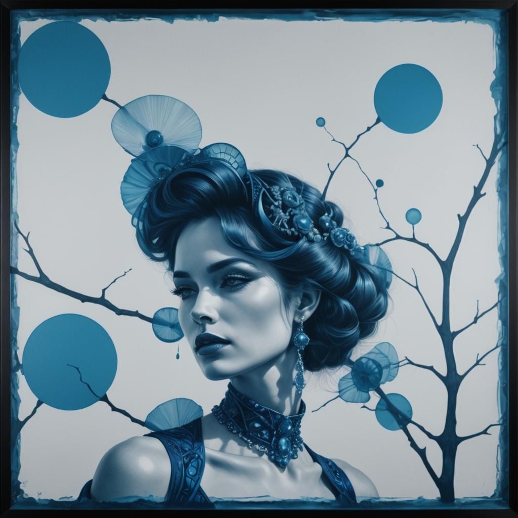 Monochrome cyan Hyperrealistic portrait of a beautiful woman wearing intricately detailed blue clothing and futuristic...