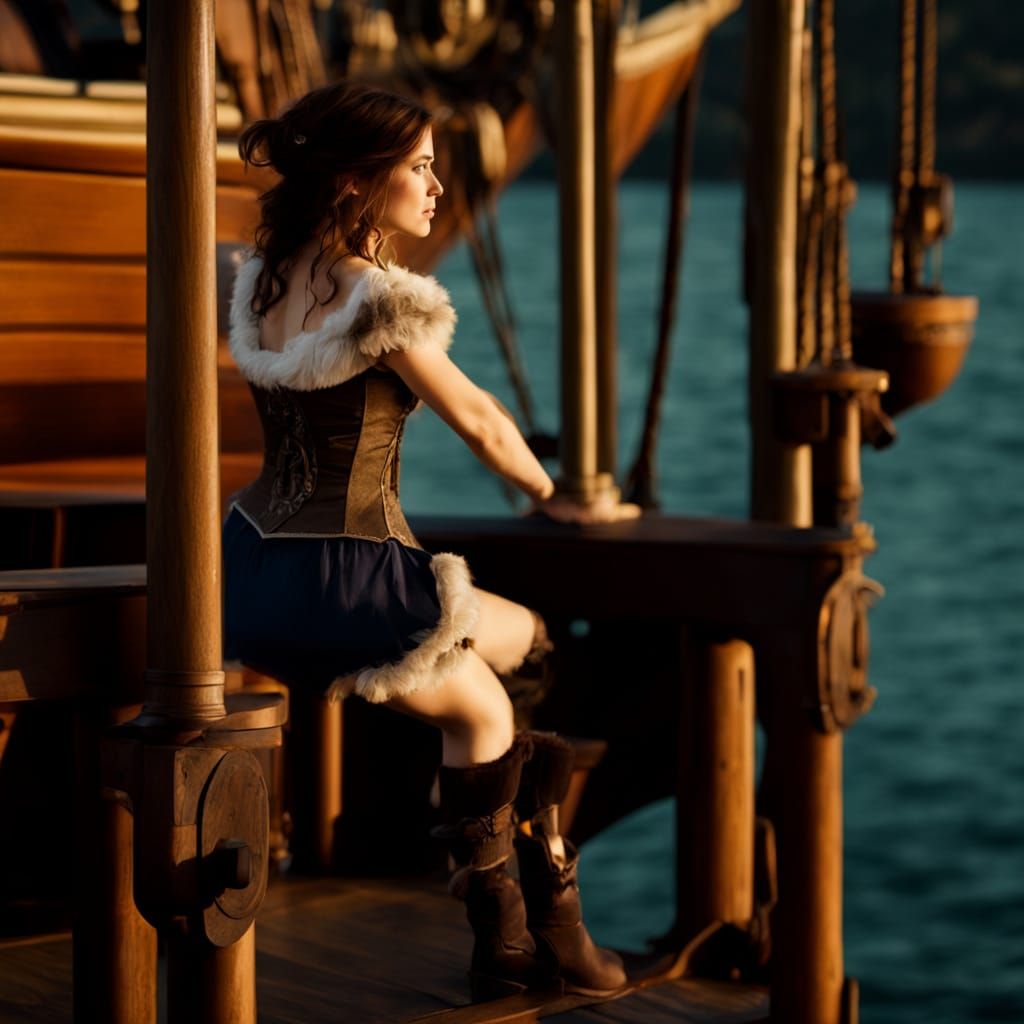 Woman Gazing at Sunrise on Ship Deck in Art Nouveau Style