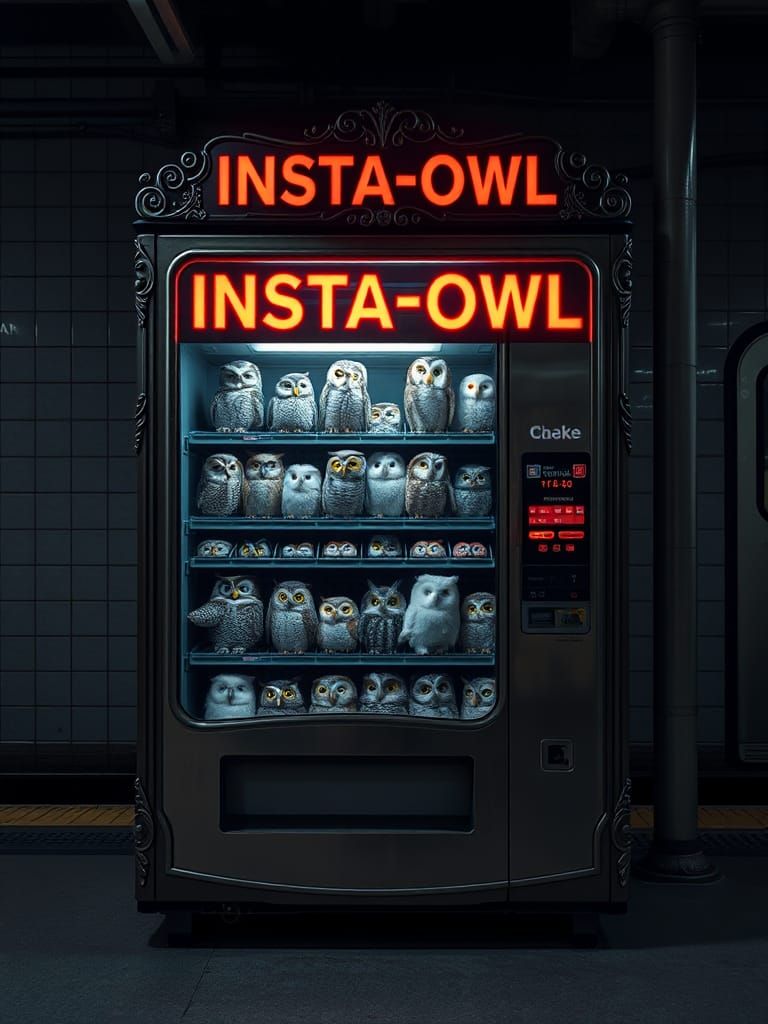 Hyperrealistic Vending Machine Selling Owls on Platform