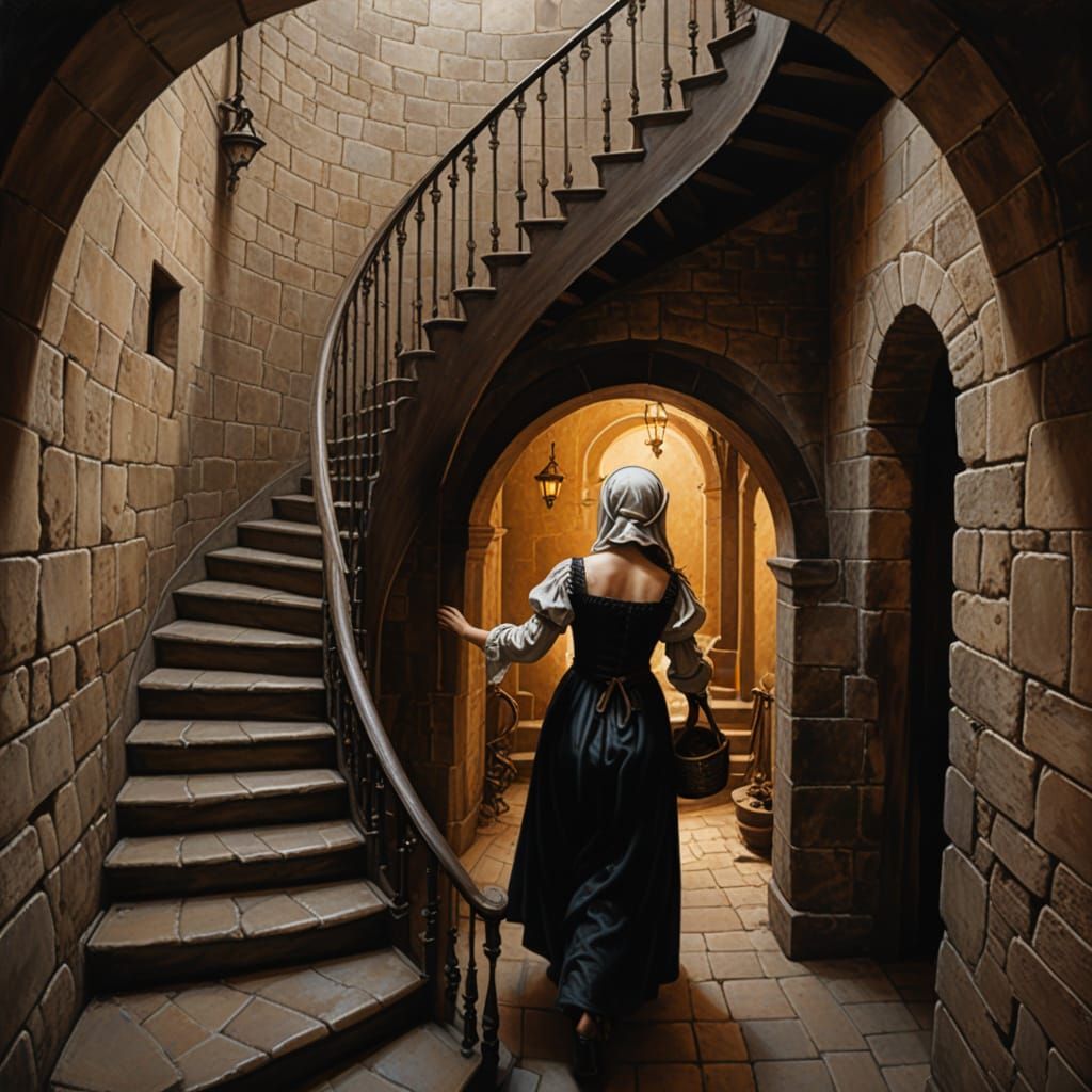 Medieval Maid Descends Hidden Castle Stairway