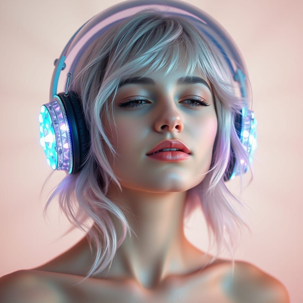 Serene Dreamer in Futuristic Helmet, Lost in Ethereal Trance