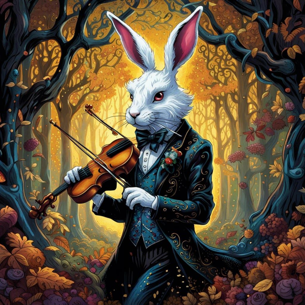 Gothic White Rabbit Violinist in Autumnal Woods