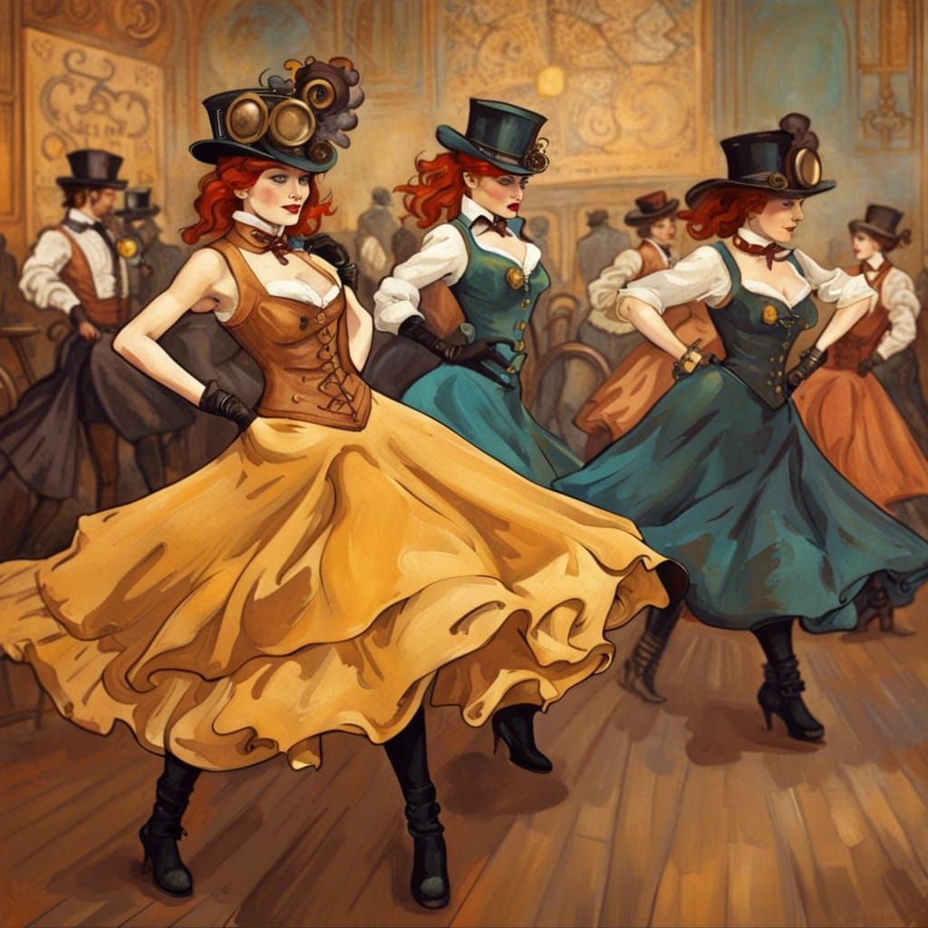 Steampunk Dancing Girls Poster in Lautrec Style