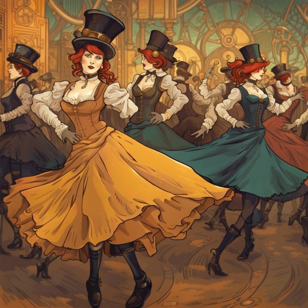 Steampunk Dancing Girls Poster in Lautrec Style
