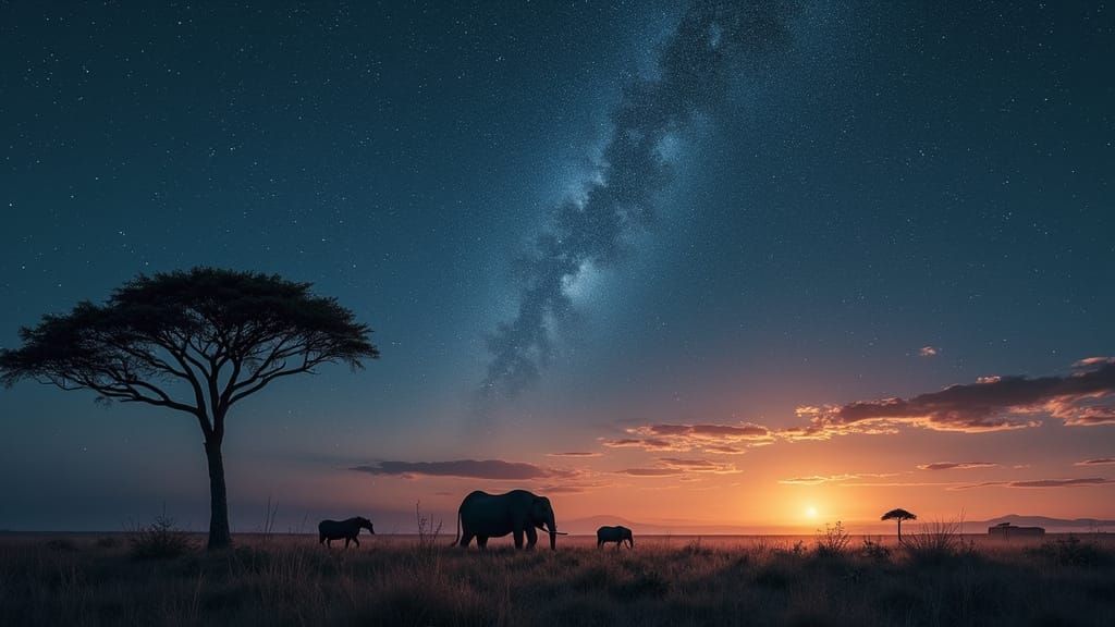 Surreal African Sunset with Tribal Figures in the Distance
