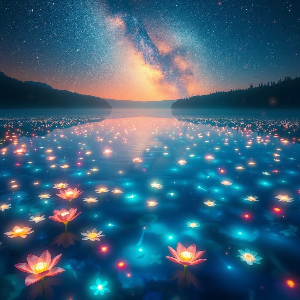 Iridescent Lake with Fluorescent Flowers and Fireflies