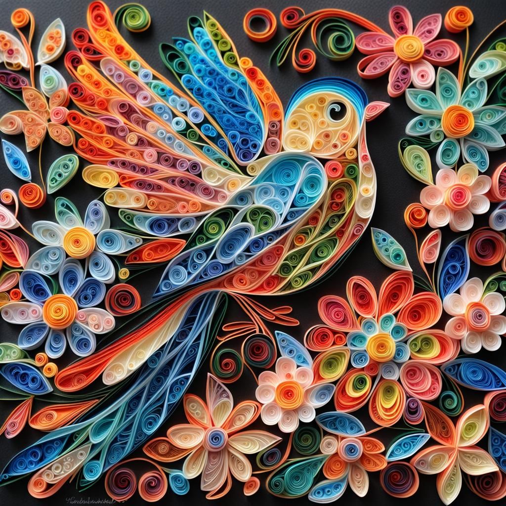 Vivid Quilling Art Bird and Flowers with Gold Accents