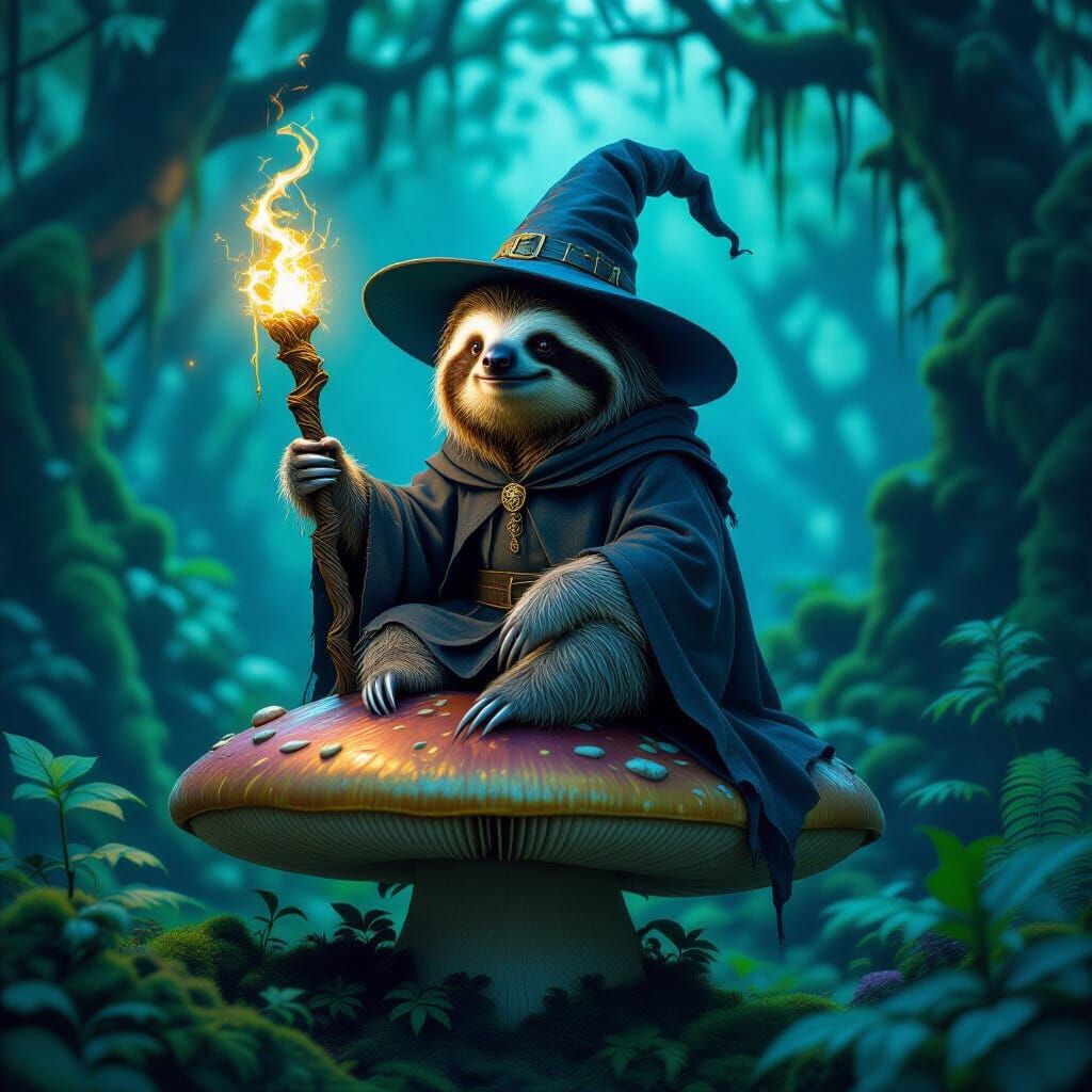Sloth Wizard on Mushroom in Enchanted Forest Oil Painting