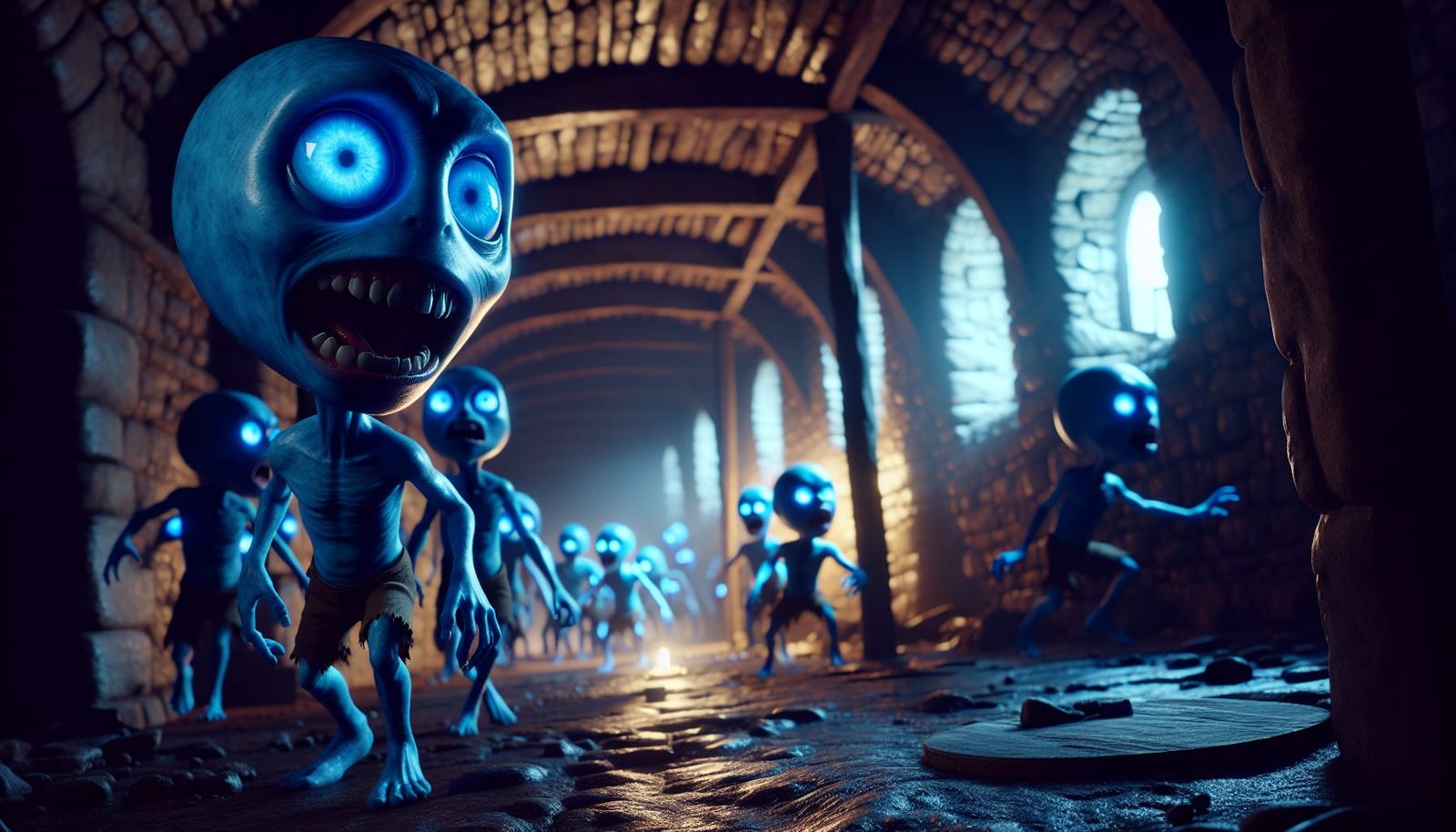 Hyperrealistic Zombie Smurfs in Ominous Dungeon