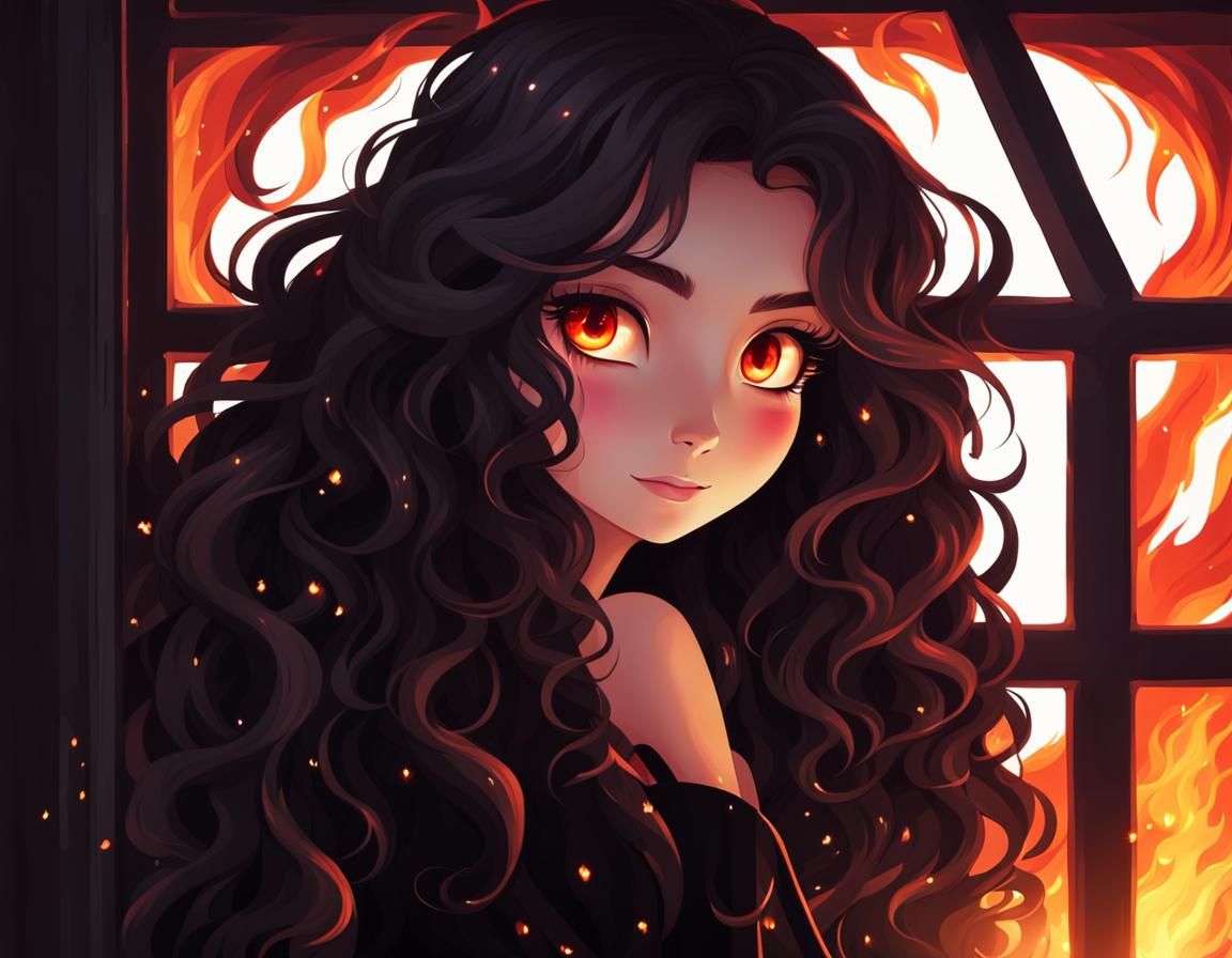 Demon Girl with Fiery Eyes Looks Through Hell Window
