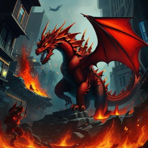 Cyberpunk Fire Dragon Unleashes Inferno on a Futuristic Metr...