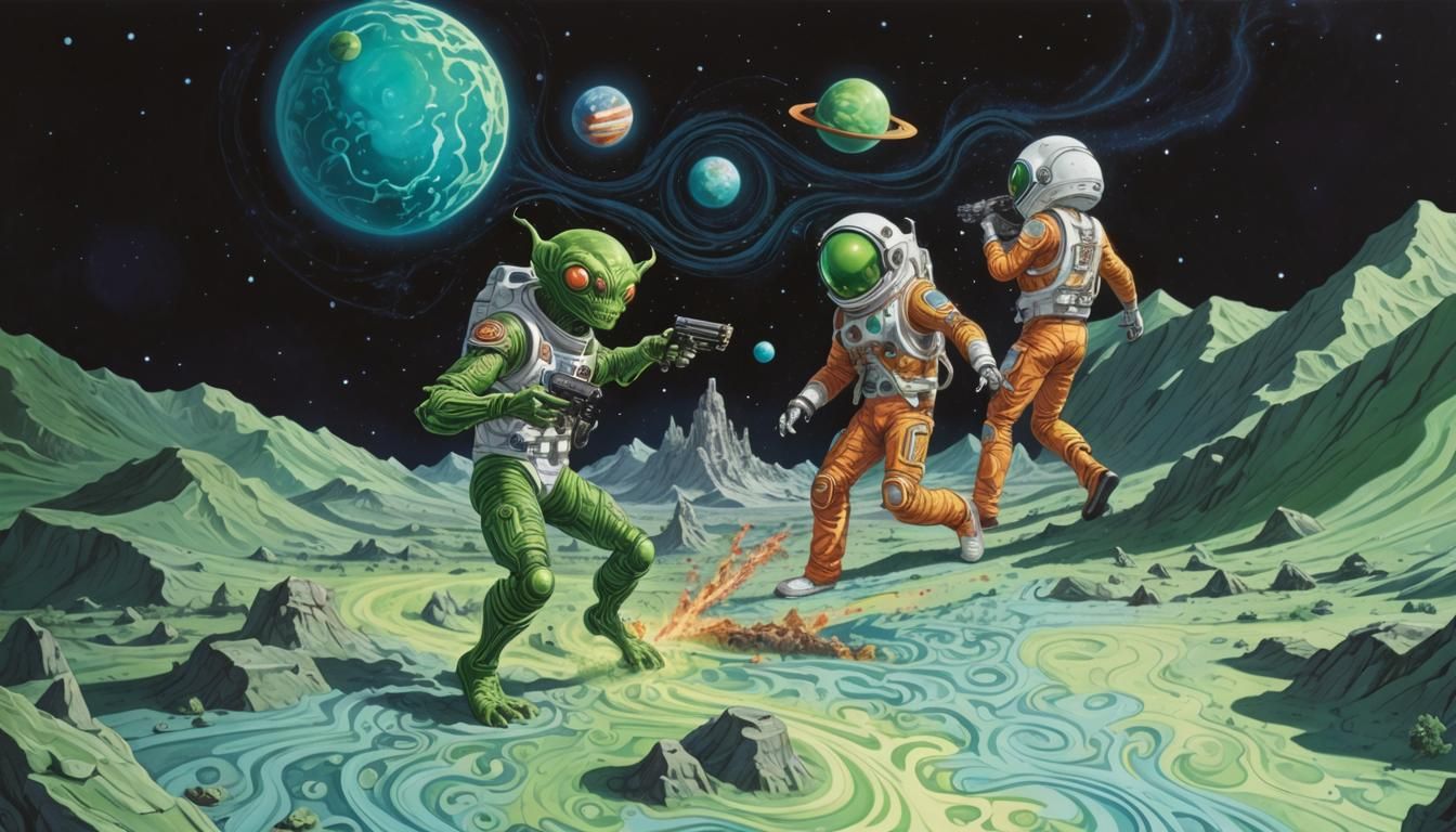 Green Alien Blaster Battle in Comic Book Style