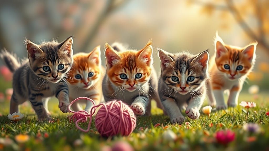 Kittens Chase Yarn in Vibrant Spring Landscape