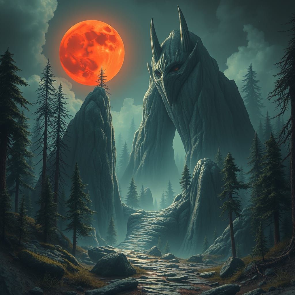 Colossal Ancient Evil Under Blood Moon in Magical Forest