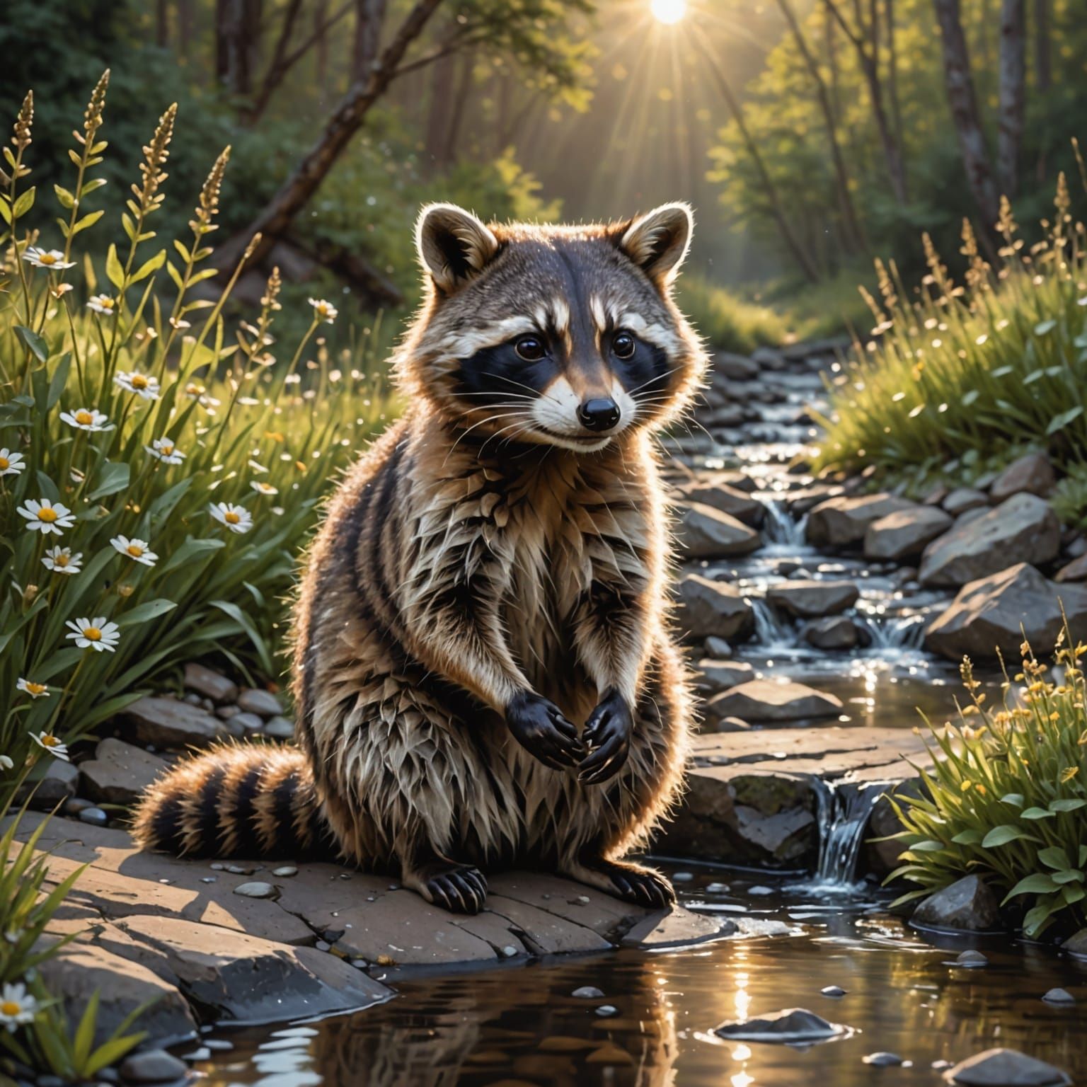 Raccoon Drinking at Sunrise as Oil Painting