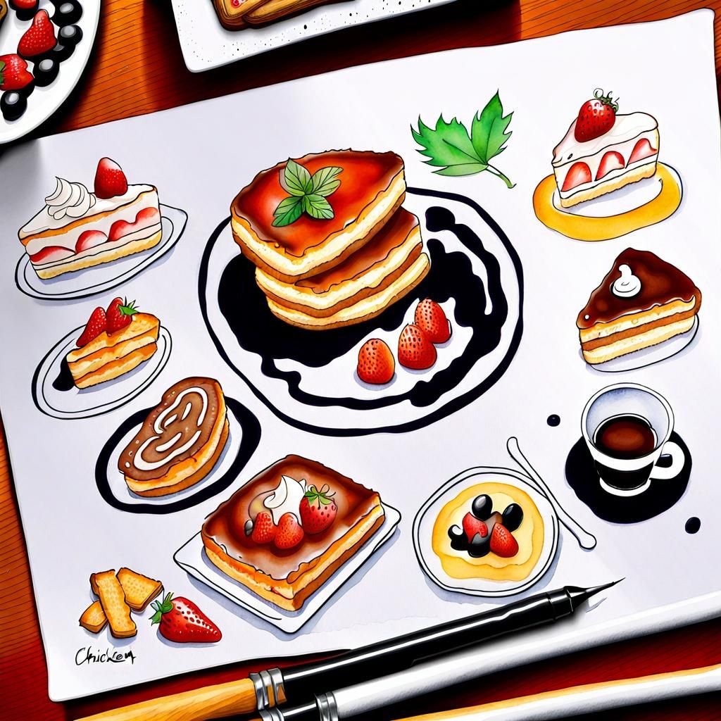 Watercolor Ink Drawing: Sweet Food Still Life