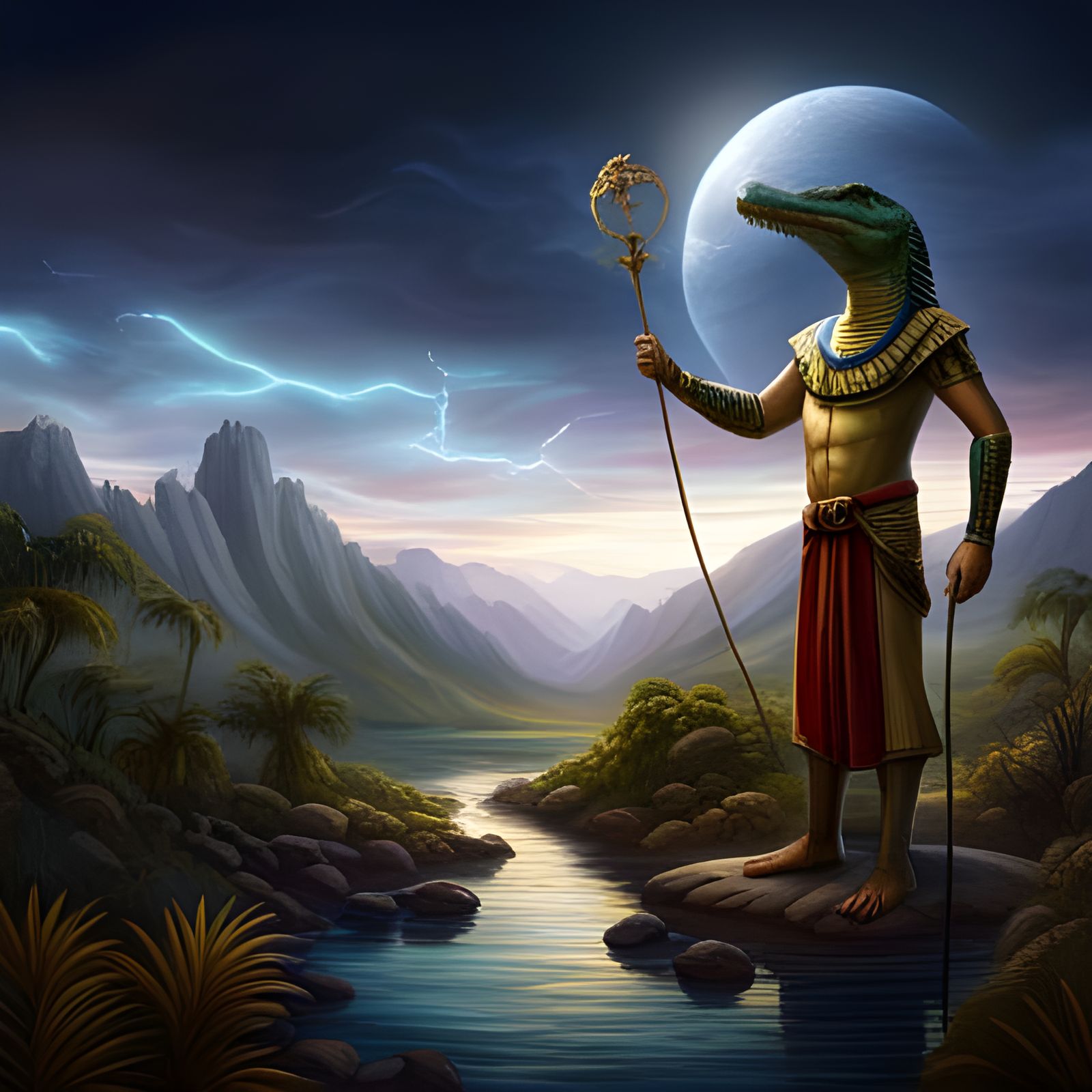 Egyptian Crocodile God with Snake Staff, Detailed Art