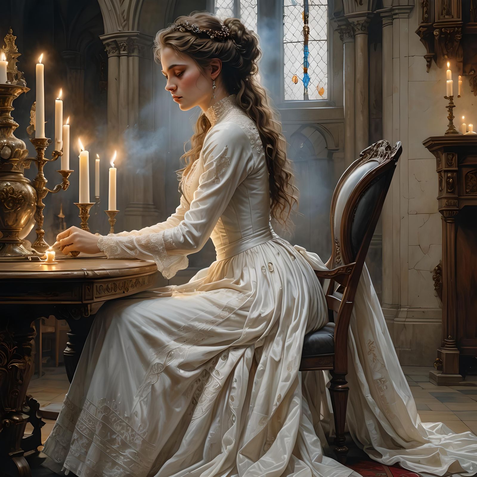 Victorian Woman Lighting Candles, Hyperrealistic Painting