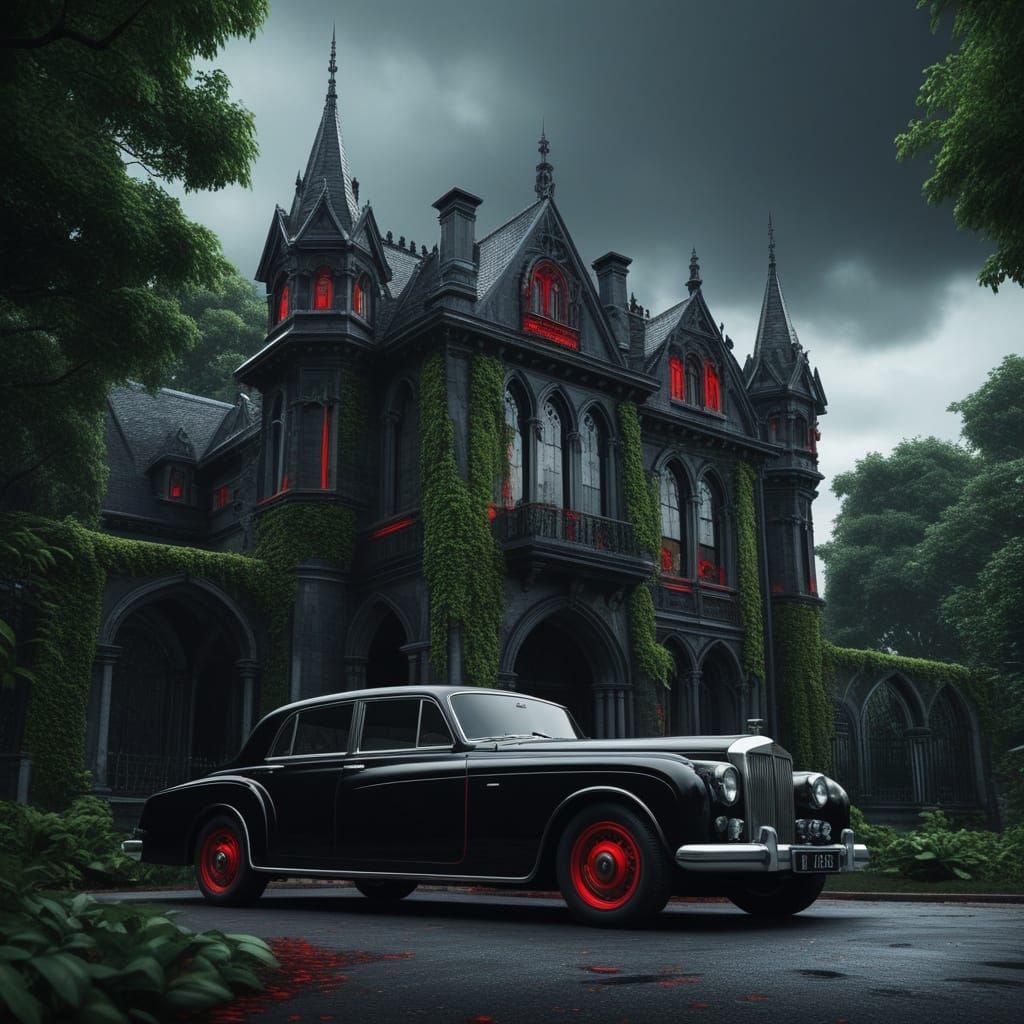 Gothic Mansion with Vintage Car, Digital Matte Painting