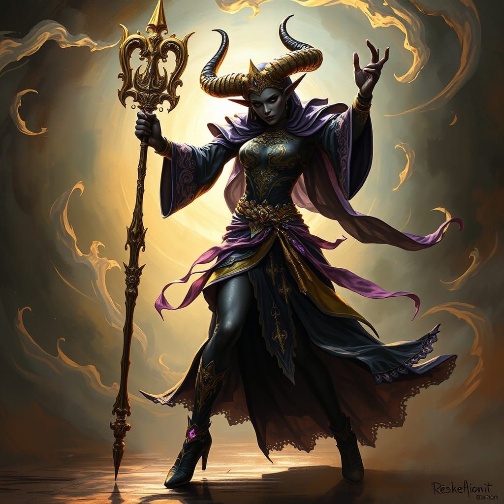 Ethereal Tiefling Dancer Performs Dark Ritual in Swirling Vo...