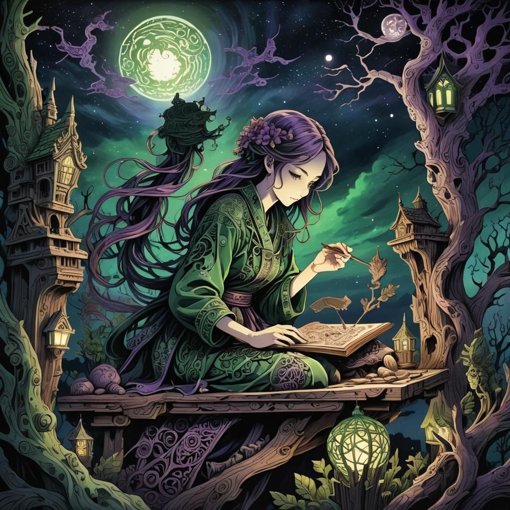 Eerie Anime Woman Carving Glowing Wood