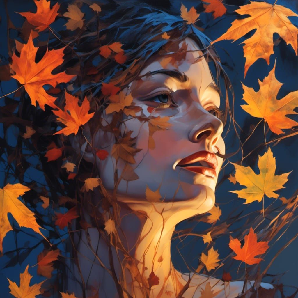 Luminous Autumn Goddess in Surreal Moonlit Splendor