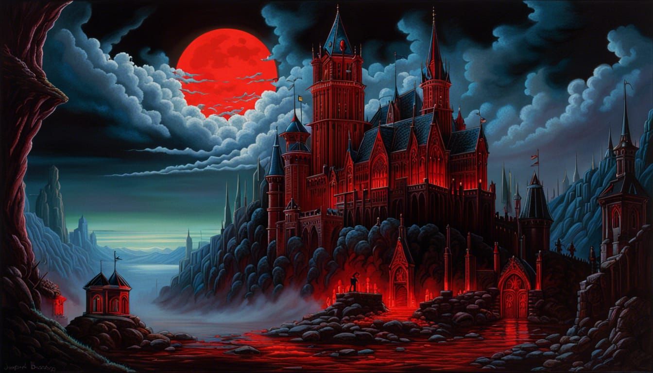 Gothic Castle Under Blood Moon in Fantasy Style