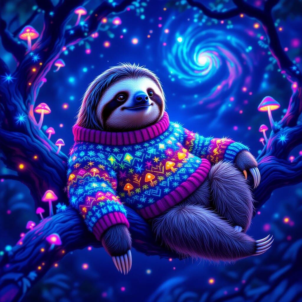 Majestic Sloth in Glowing Mushroom Christmas Sweater