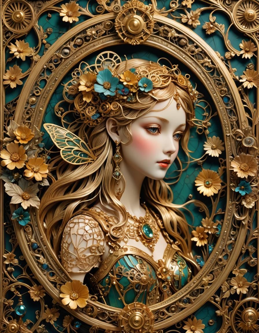 Art Deco Gear Fairy in Ornate Golden Frame
