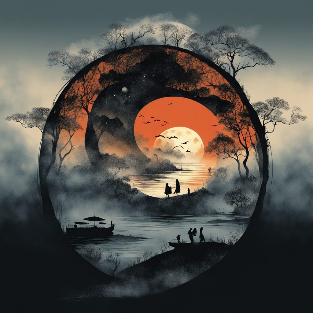 Surreal Yin Yang Sun Moon in Foggy Beach Sunset