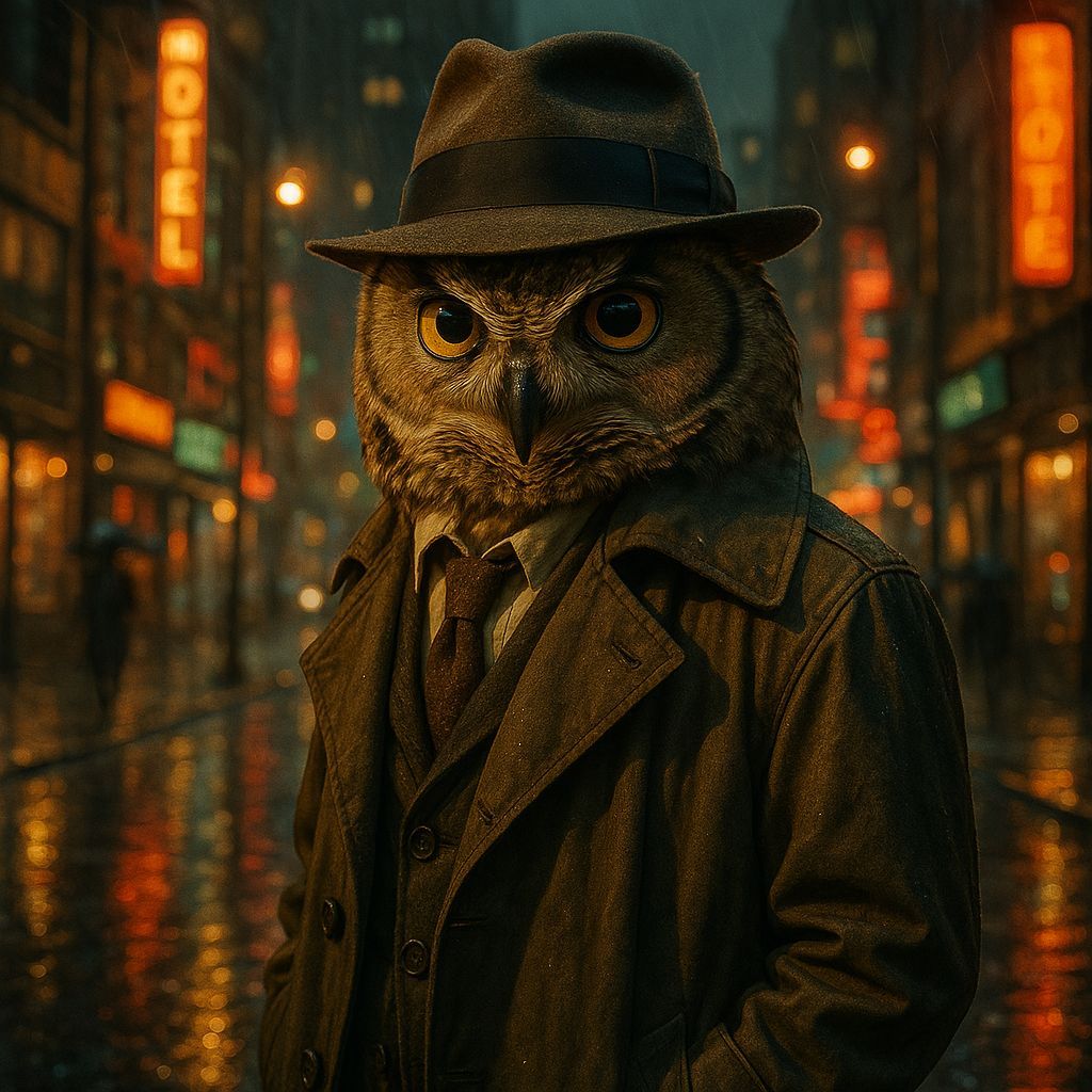 Anthropomorphic Owl Detective in Film Noir Style