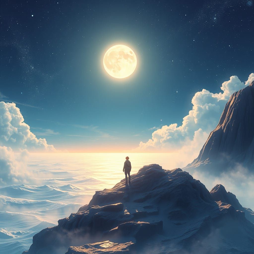 Moonlit Traveler Amidst Celestial Wonders