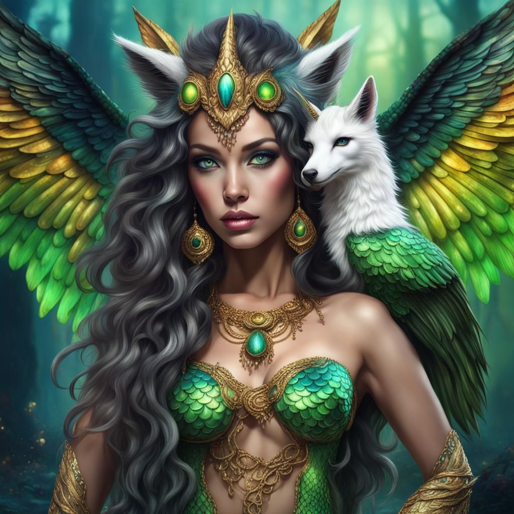 Beautiful Goddess with Scales, Wings and Horn