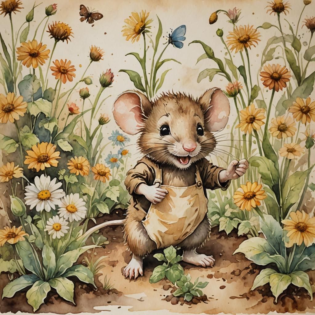 Whimsical Mouse Gardening in Watercolor Painting