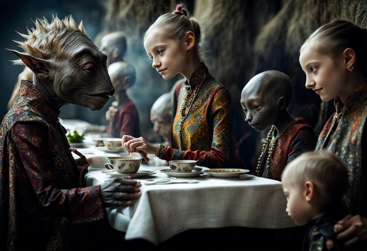 Surreal Restaurant Celebration with Exotic Aliens