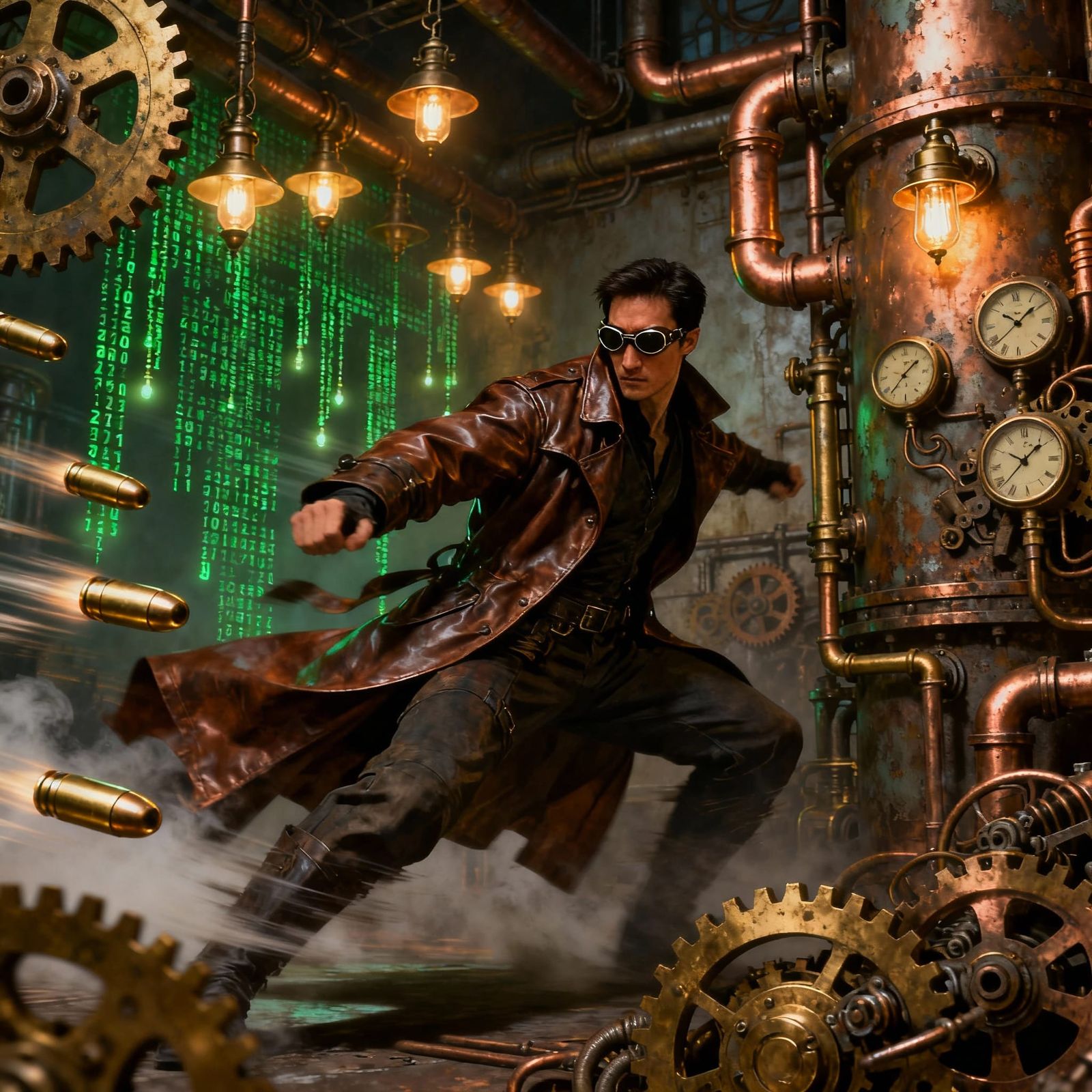 Steampunk Neo Dodging Gears in Victorian Matrix