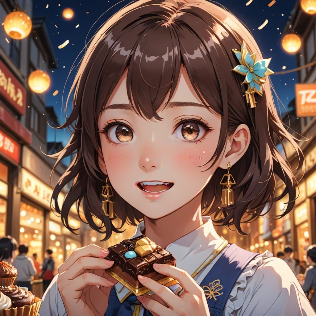 Girl Biting into Chocolate in Vibrant Digital Art
